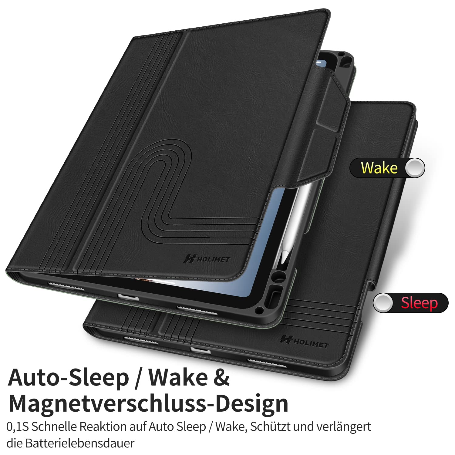 HOLIMET Cover per iPad Air 6 11 M2 2024, iPad Air 5./4. Generazione ( 2022/2020) 10.9 Pollici Cover con Pencil Holder, Custodia Auto Sveglia/Sonno Smart Folio Case, Supporto Multi-Angolo - Nero