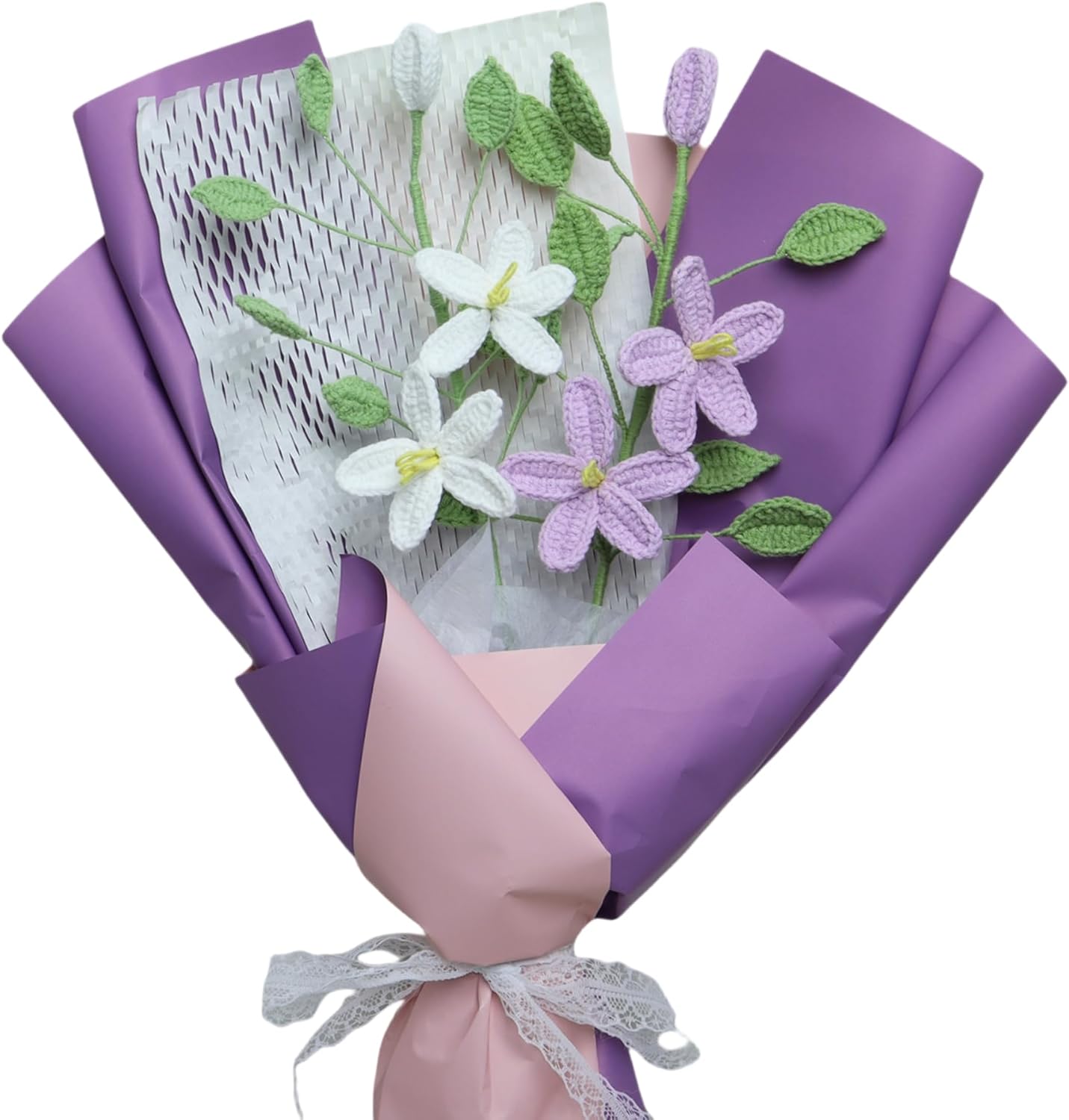 Hand Crochet Jasmine Bouquet, Knitted Rose Bouquet, Crochet Flower Bouquet, Valentine's Day Gift, Birthday Gift (Pink and White Jasmine-3 Stems)