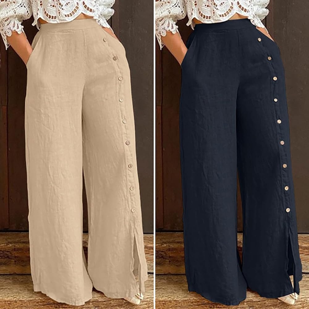 Generic Casual Wide Leg Pants Women High Waisted Full Side Button