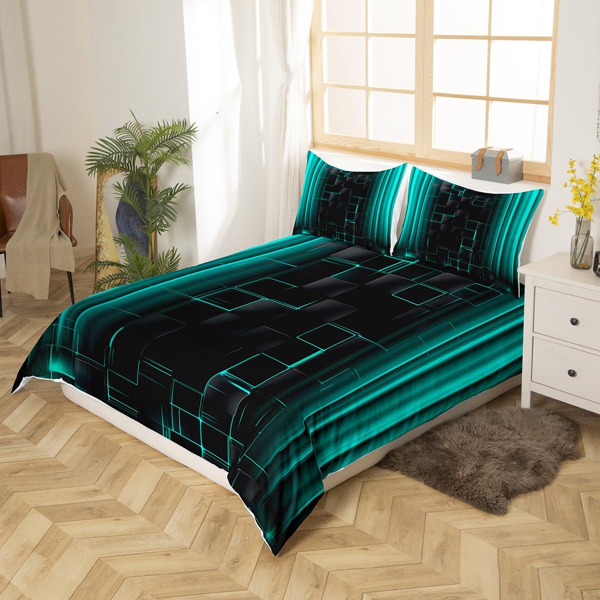 Manfei Teal and Black Duvet Cover Set Single Size, Abstract Ombre Comforter Cover - Image 2