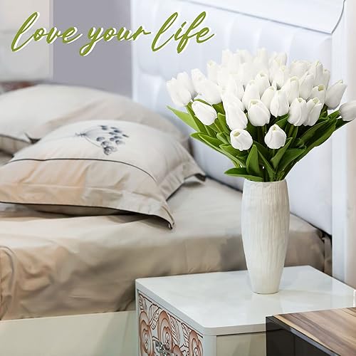 Miniatura 6 de Janinka 100 piezas de tulipanes artificiales, tulipanes falsos de poliuretano, ramo de látex sintético, centros de mesa, arreglo floral para el día