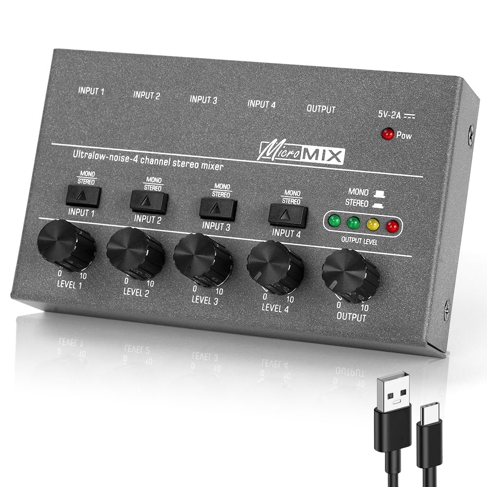 OFFCUP 4-K-Audio-Mixer, ultrakompakter, geräuscharmer Metall-Karaoke-Sound-Mixer mit separater Lautstärkeregelung für Gitarre, Bass, Keyboard, Mikrofon (Grau)