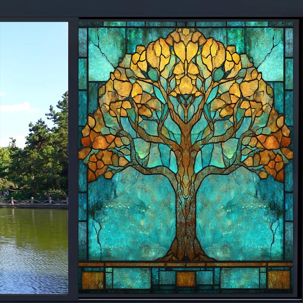 Fantasy Tree Landscape Privacy Window Film, Artistic Plant Botanical Frosted Self-Adhesive Vinyl Cling for Glass Doors Bathroom Windows Sun Blocking Heat Control, 23.6Wx35.4L inch