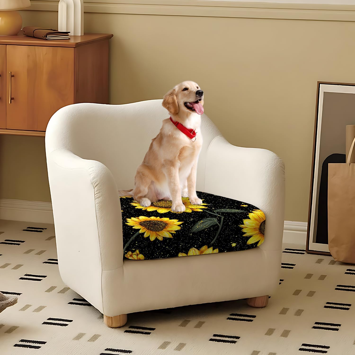 Sunflower Seat Cushion Cover Set, Starry Night Floral Sofa Cushion Slipcover, Stretch Couch Seat Protector with Elastic Bottom, Washable Furniture Cover,3PC