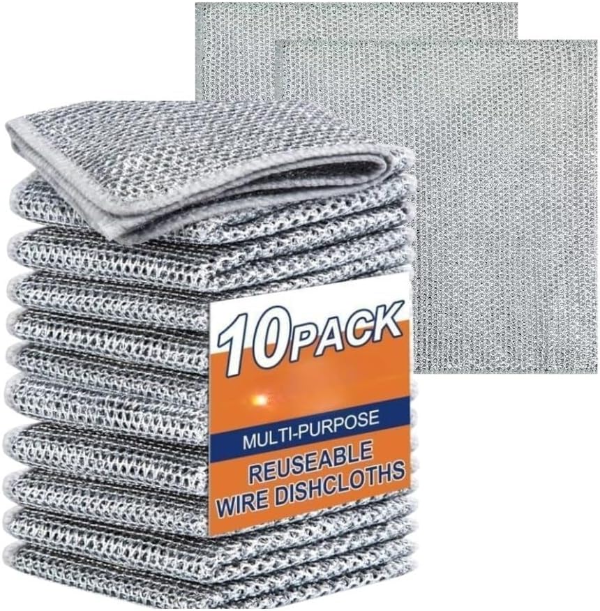 Reusable Non-Scratch Wire Dishwashing Rags, Single Layer, Easy to Rinse & Machine Washable for Kitchen, Pots, Pans & Sinks (Pack of 10)
