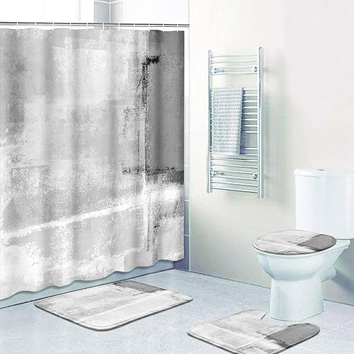 Miniatura 3 de ArtSocket Juego de 4 cortinas de ducha con pintura abstracta gris negro y blanco con alfombras antideslizantes cubierta de tapa de inodoro y tapete