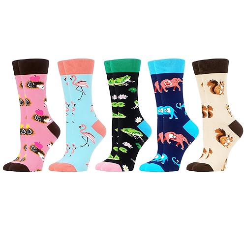 WeciBor 5 Pairs Women's Funny Colorful Novelty Pattern Combed Cotton Socks - 6-9 - Pink/Blue/Black/Apricot/Multicolor Animal-5M