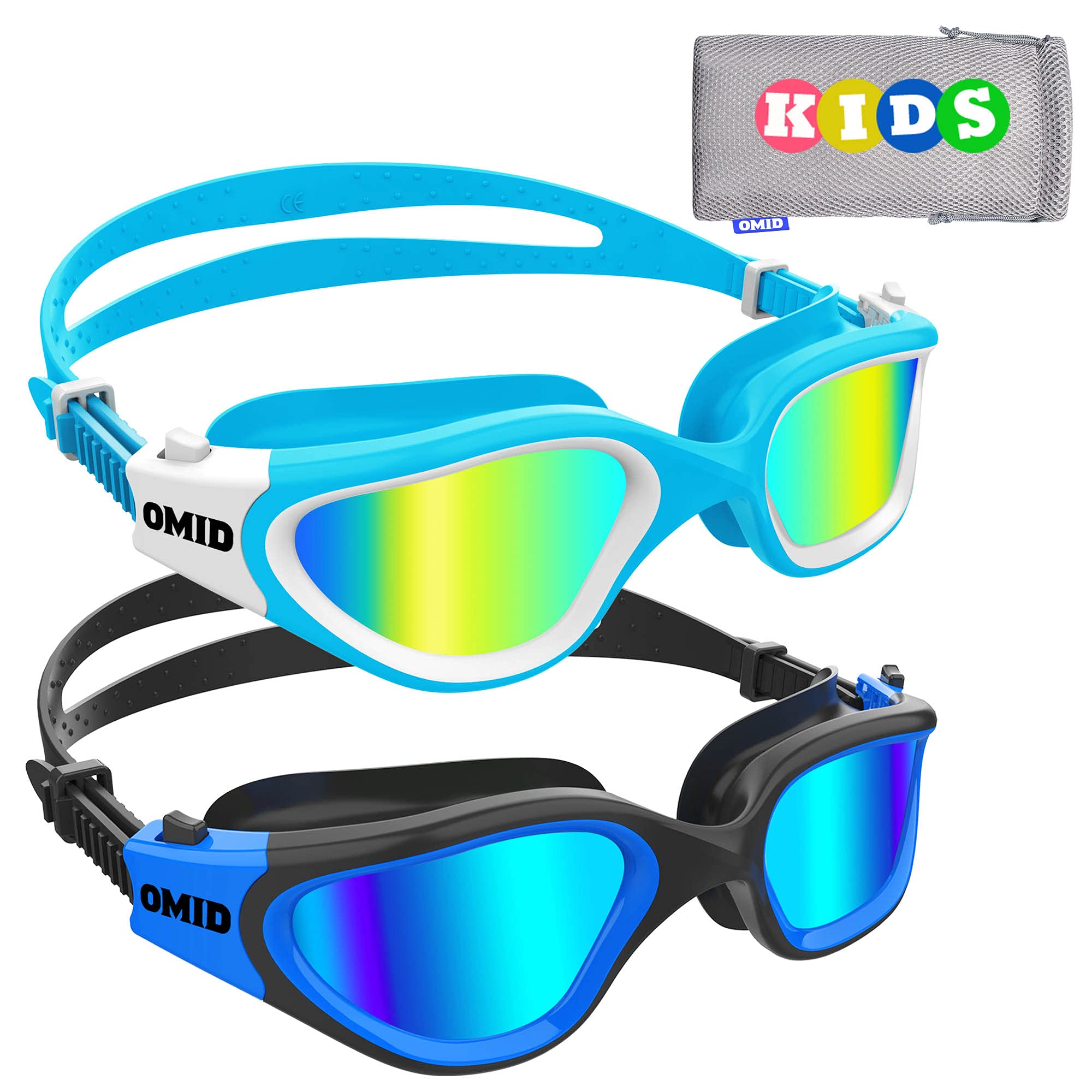 OMID - Gafas de natación para niños, 2 paquetes P2, cómodas polarizadas, unisex, antiempañamiento, sin fugas, para niños con protección UV de 6 a 14 años (azul dorado y negroazul)
