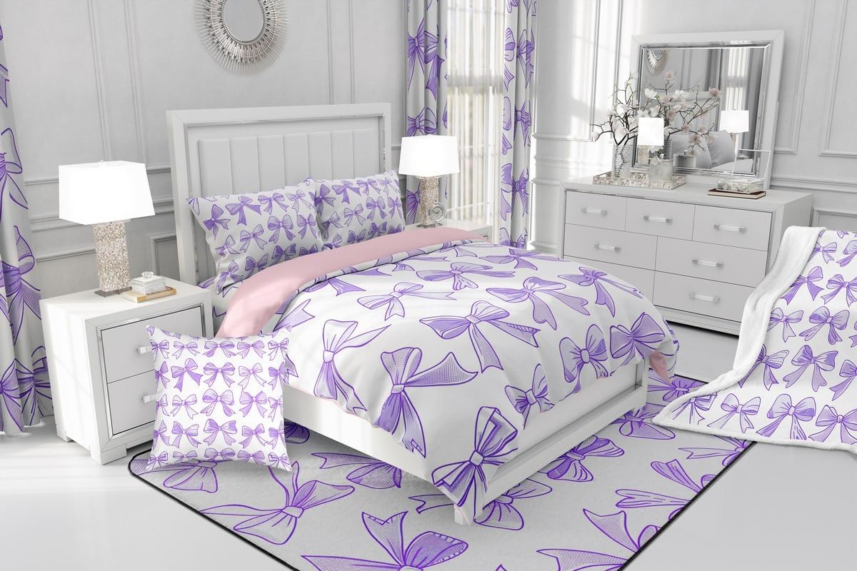 Bowknot Duvet Cover Set Toddler Size,Purple White Bow Bedding Set for Kids Boys Girls Room Decor,Cute Cartoon Comforter Cover,Princess Style Quilt Cover with 1 Pillowcase(No Comforter)