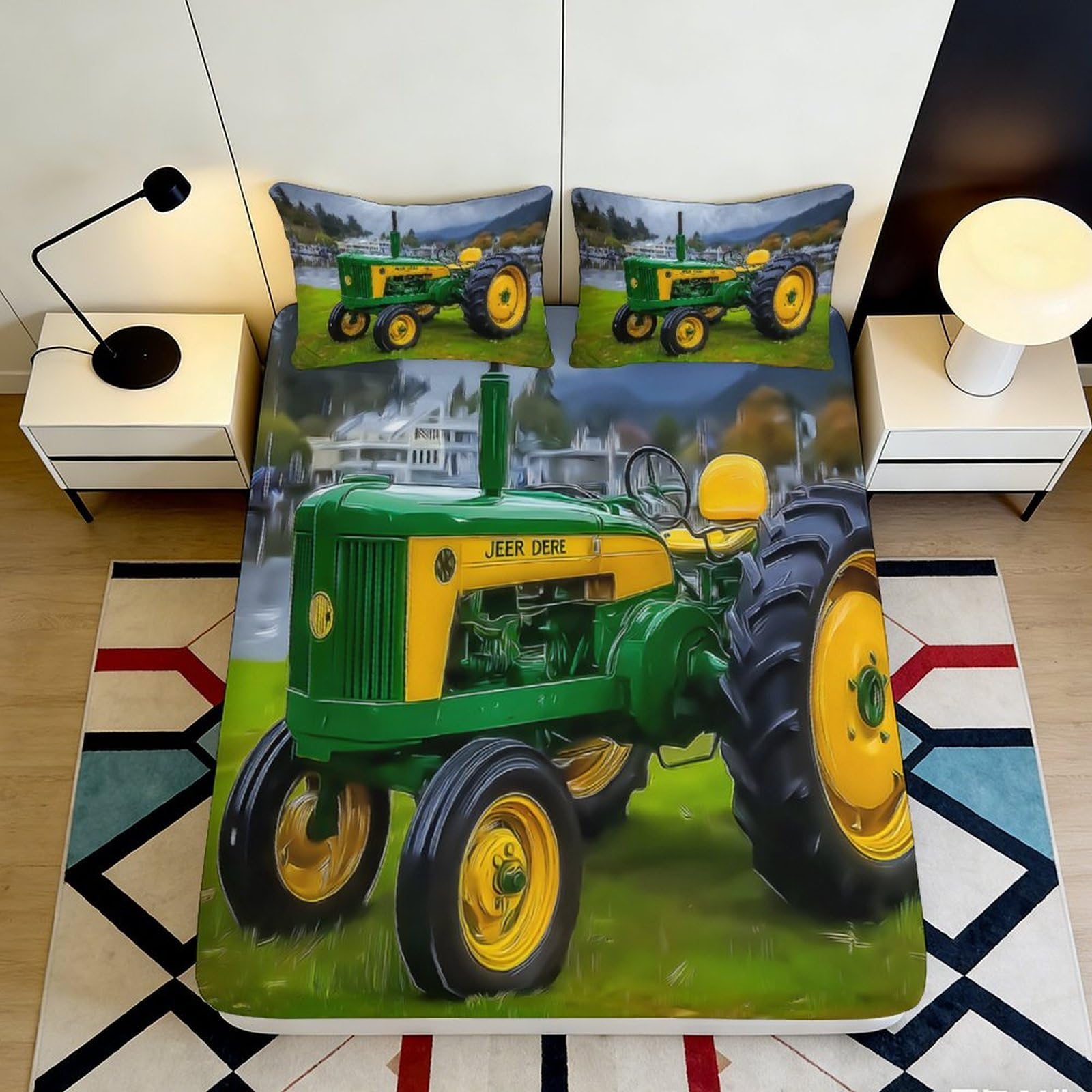 3D Printed Tractor Fitted Sheet Microfiber Deep Pocket Bedding Tractor Mattress Fitted Cover Non-Slip Elastic Hem Washable for Bedroom 140x200x25cm