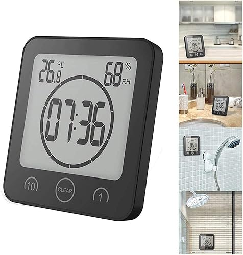 Vista 13 de Reloj de pared digital para baño con alarma con pantalla LCD grande, resistente al agua para rociar agua, pantalla de temperatura de humedad, Rojo