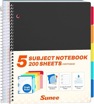 SUNEE 5 Subject Graph Paper Notebook - 400 Pages, 9"x11", 4x4 Graph Ruled Notebook, 5 Pocket Colored Dividers, 3-Hole Punched Paper, Black