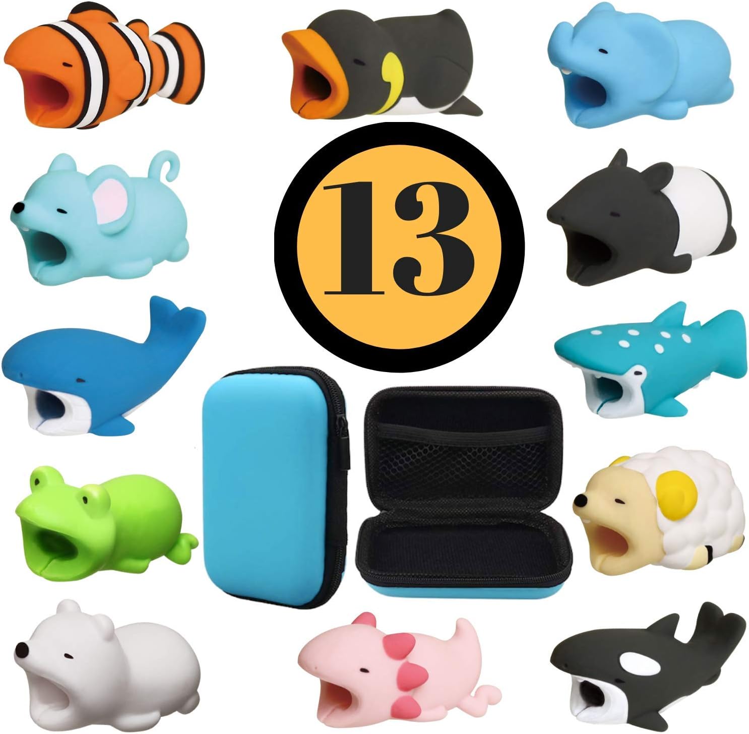 Animal Buddies Phone Cord Bites - Cable Protector for iPhone - Cute Animals Protects Cell Phone Accessories & Bites Data Line - Bite Cord Phone Accessory (13 Pieces w/Pouch)