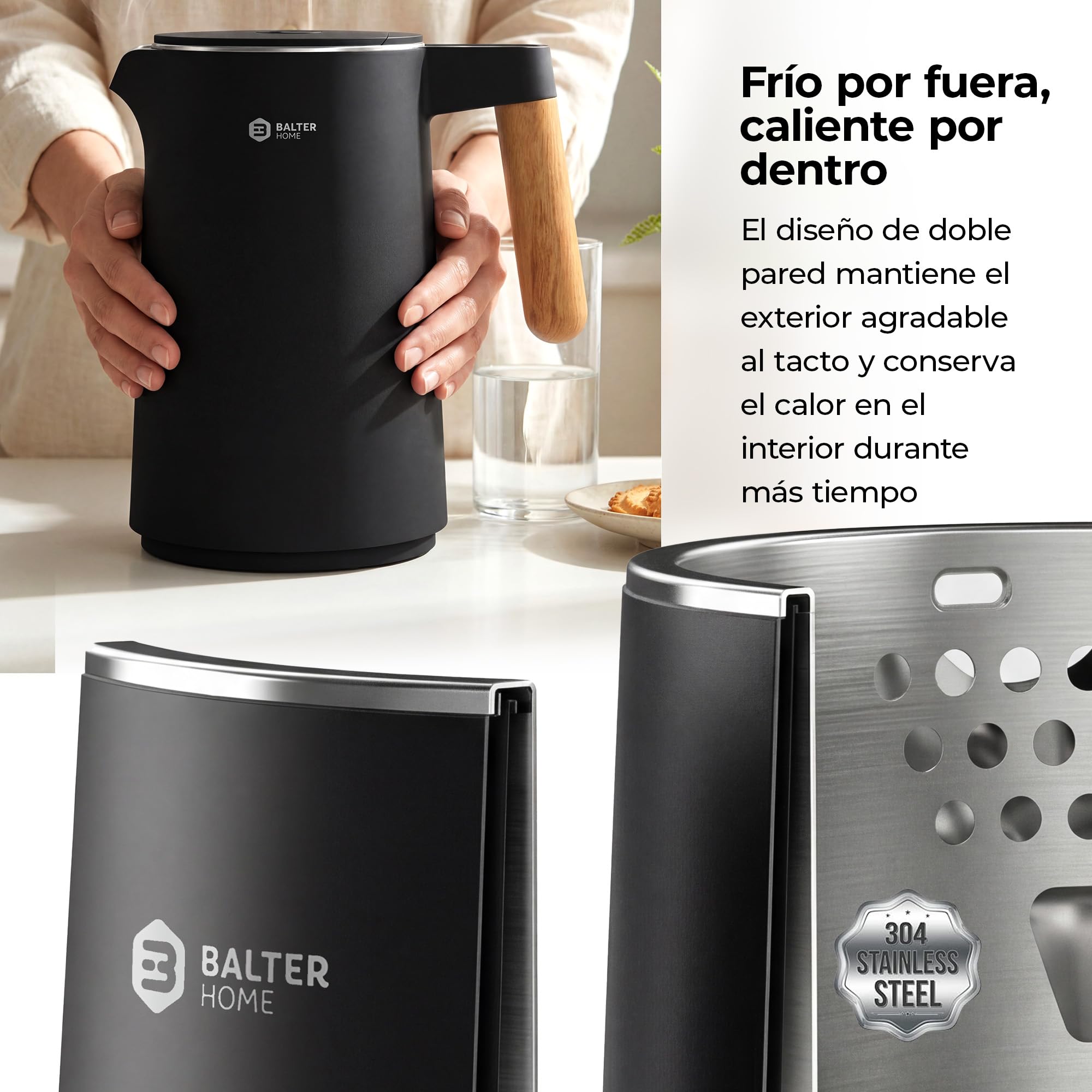 BALTER Hervidor Agua Electrico, regulador de temperatura, 45 °C a 100 °C, acero inoxidable, doble pared, sin BPA, 1,5 l, 2200 W, negro