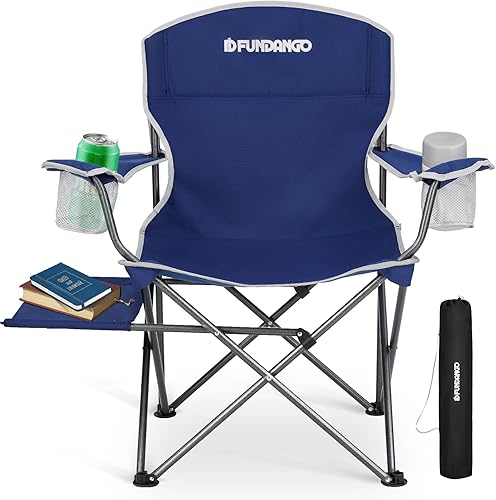 Miniatura 10 de FUNDANGO Sillas de camping plegables para adultos, paquete de 2 sillas de playa de gran tamaño con bandeja de mesa, silla de césped resistente con 2