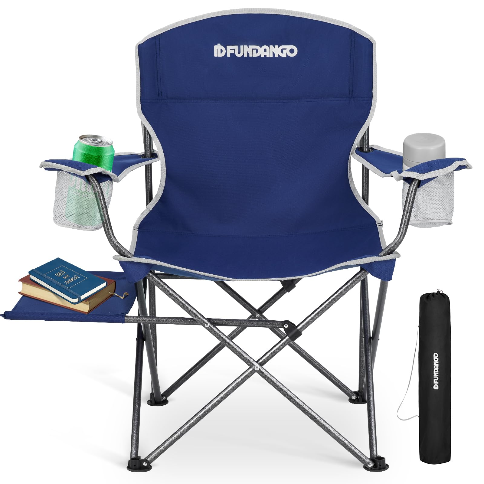 FUNDANGO Folding Camping Chair with Table, Portable Heavy Duty Outdoor Padded Chairs for Adults with Cup Holders for Lawn Beach Picnic Outside Travel