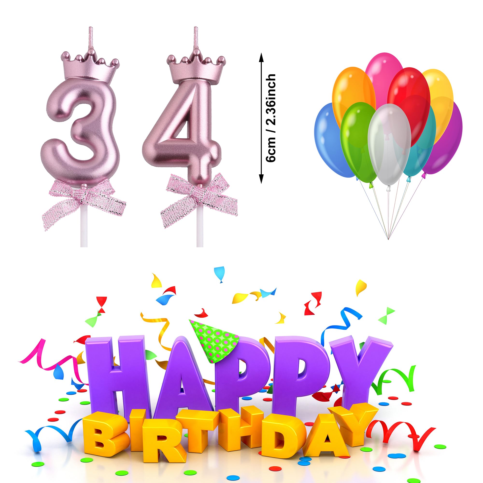 Velas de cumpleaños 34 y 43, velas de cumpleaños con números de 43 a 34 años, decoración de pastel de feliz cumpleaños, regalos para mujeres y hombres (oro rosa)