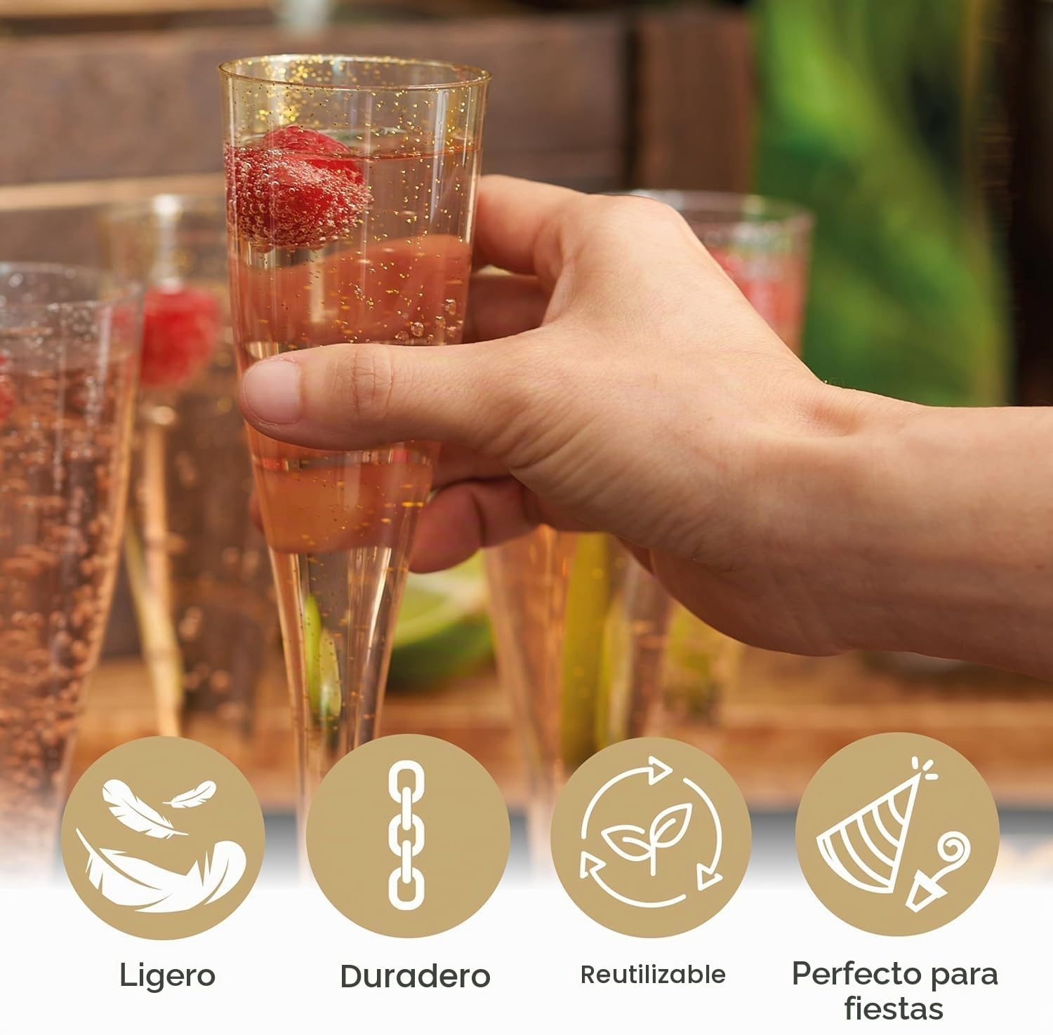 MATANA 120 Copas de Champán de Plástico con Brillos Dorados y Plateados, 133ml - Copas de Cava para Vino Espumoso, Cóctel, Postre - Copas Champagne Plastico para Bodas, Fiestas