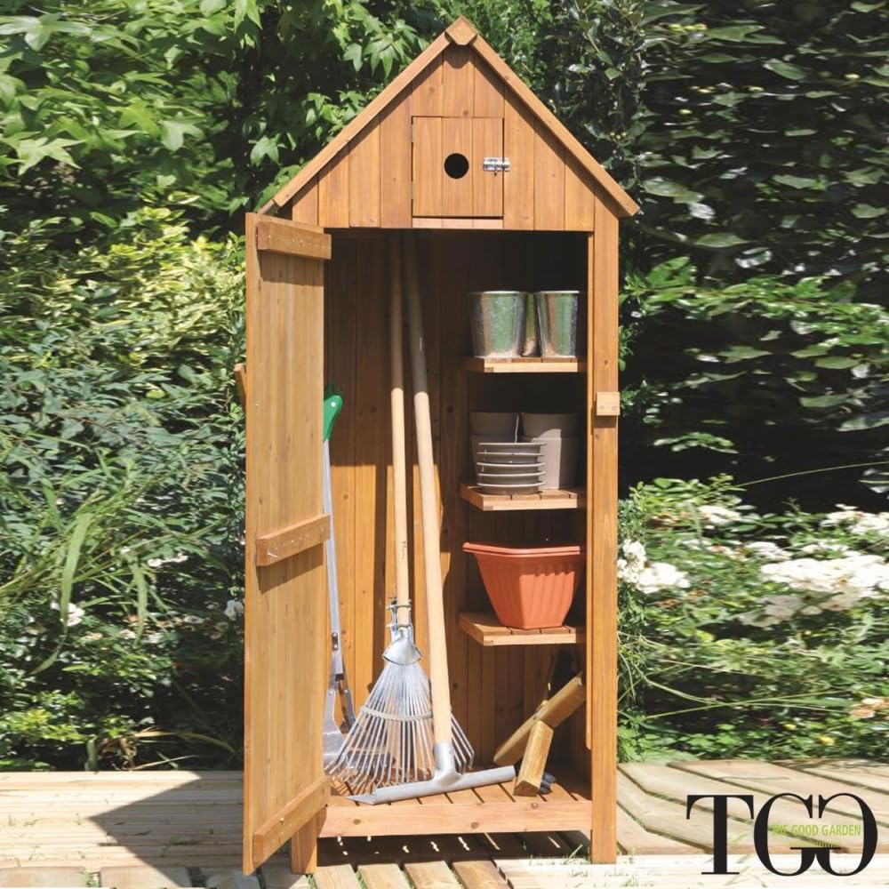 TheGoodGarden Mueble de exterior de madera 77 x 54 x 179 cm con estantes y cofre; mueble de jardín impermeable con puerta y techo de doble agua; armario de madera de abeto tratado con vaina incluida