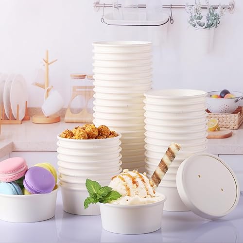 Miniatura 18 de Juego de 50 tazas desechables de helado blanco de 6 onzas con tapas, tazas medianas para bebidas calientes y frías, vasos de papel, recipiente