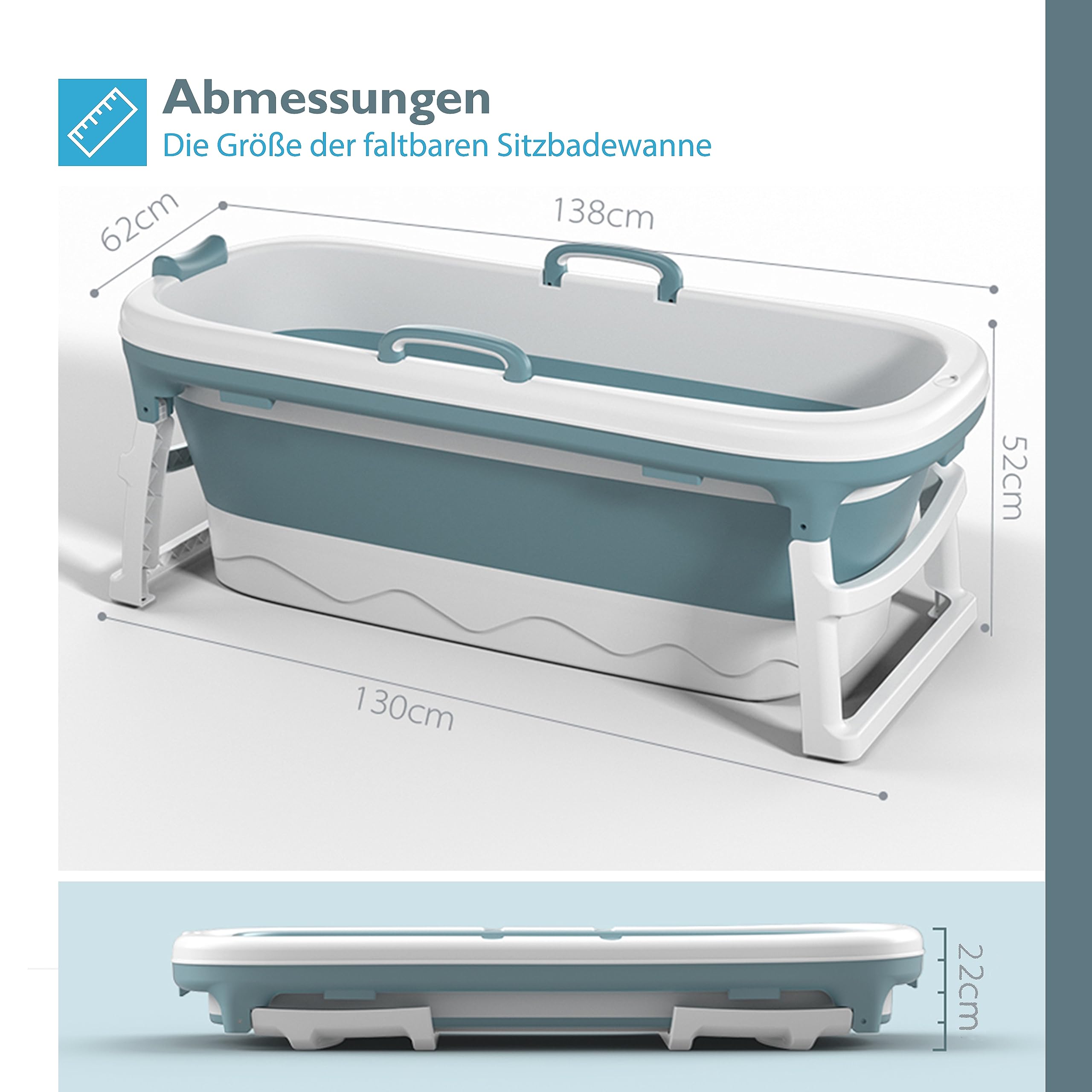 Badewanne - 138 cm - Faltbare Badewanne - Sitzbadewanne - Erwachsenen - 220L - Extra Lang - Blau