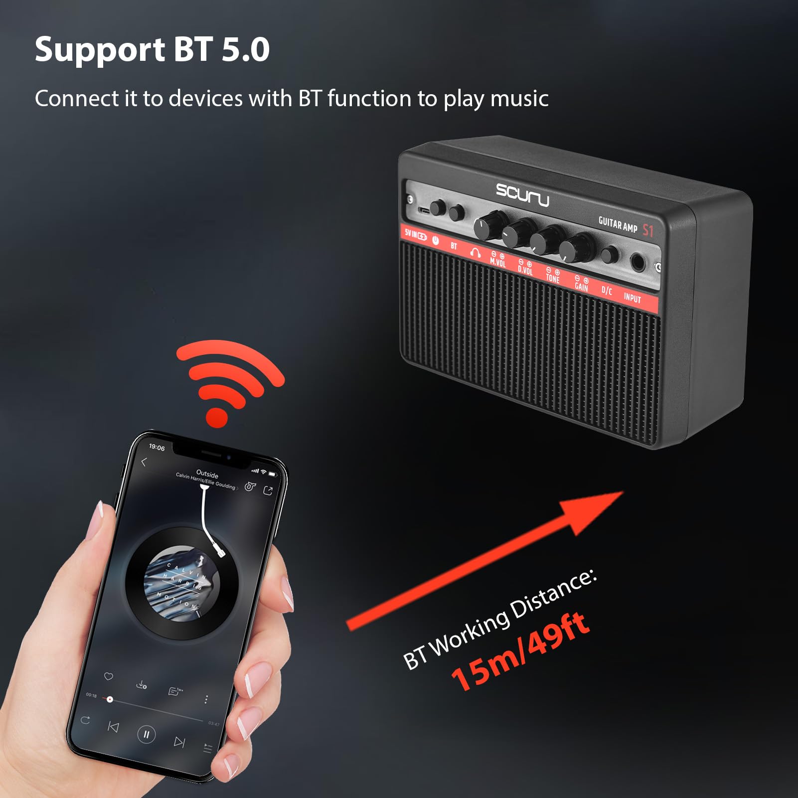 Btuty Scuru 16 W kleiner E-Gitarrenverstärker, tragbarer Gitarren-Übungs-Lautsprecher, wiederaufladbarer Verstärker, unterstützt BT/Kopfhörer-Verbindung, integrierter Verzerrungseffekt, Plug and Play