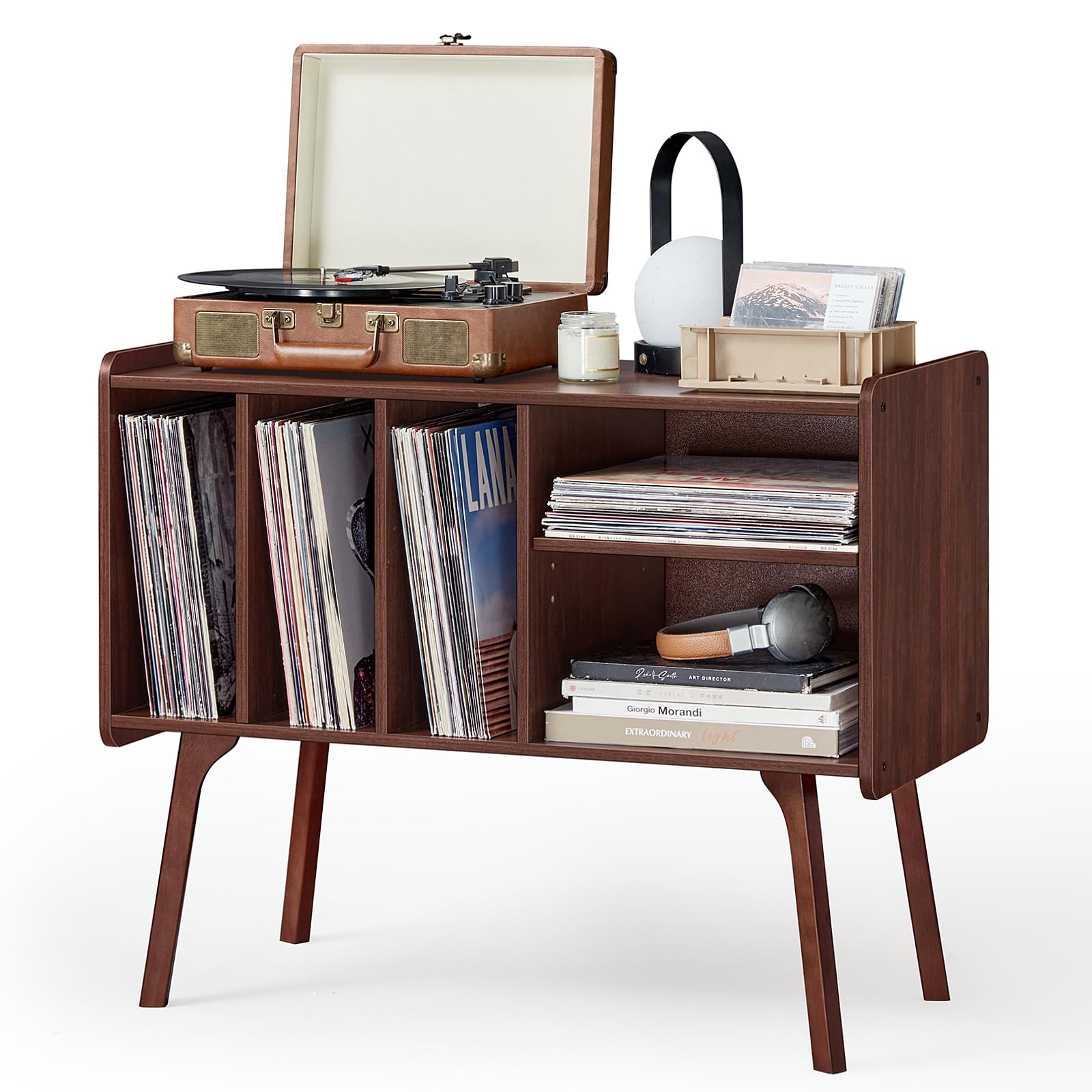 Lerliuo Record Player Stand with 4 Cabinet Holds Up to 220 Albums,Walnut