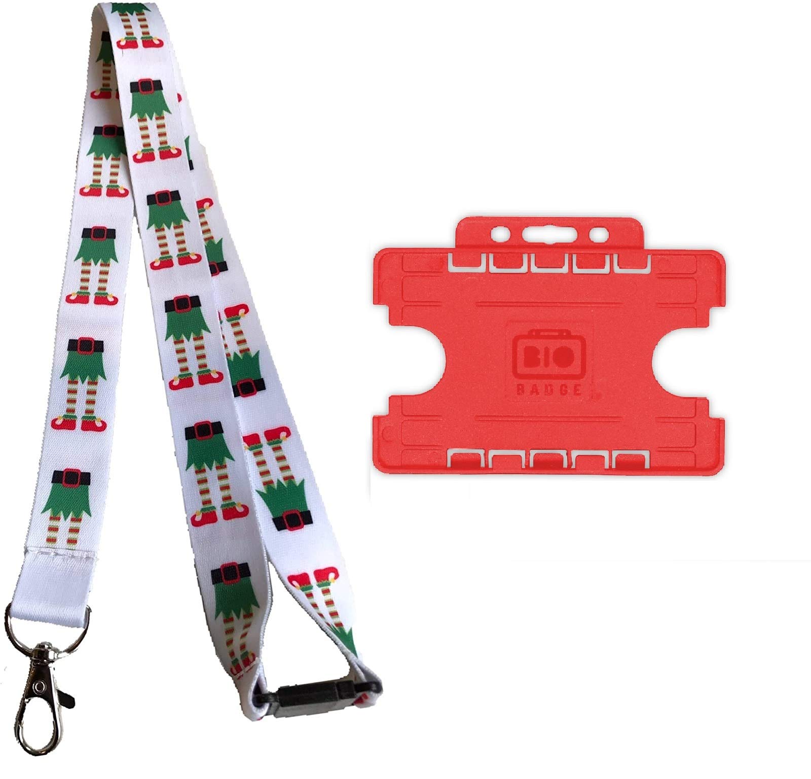 PAC Supplies Global Festive Christmas ELF Neck Lanyard/Badge Holder/Key/Whistle With Safety Breakaway & Red Double Horizontal ID Card Holder