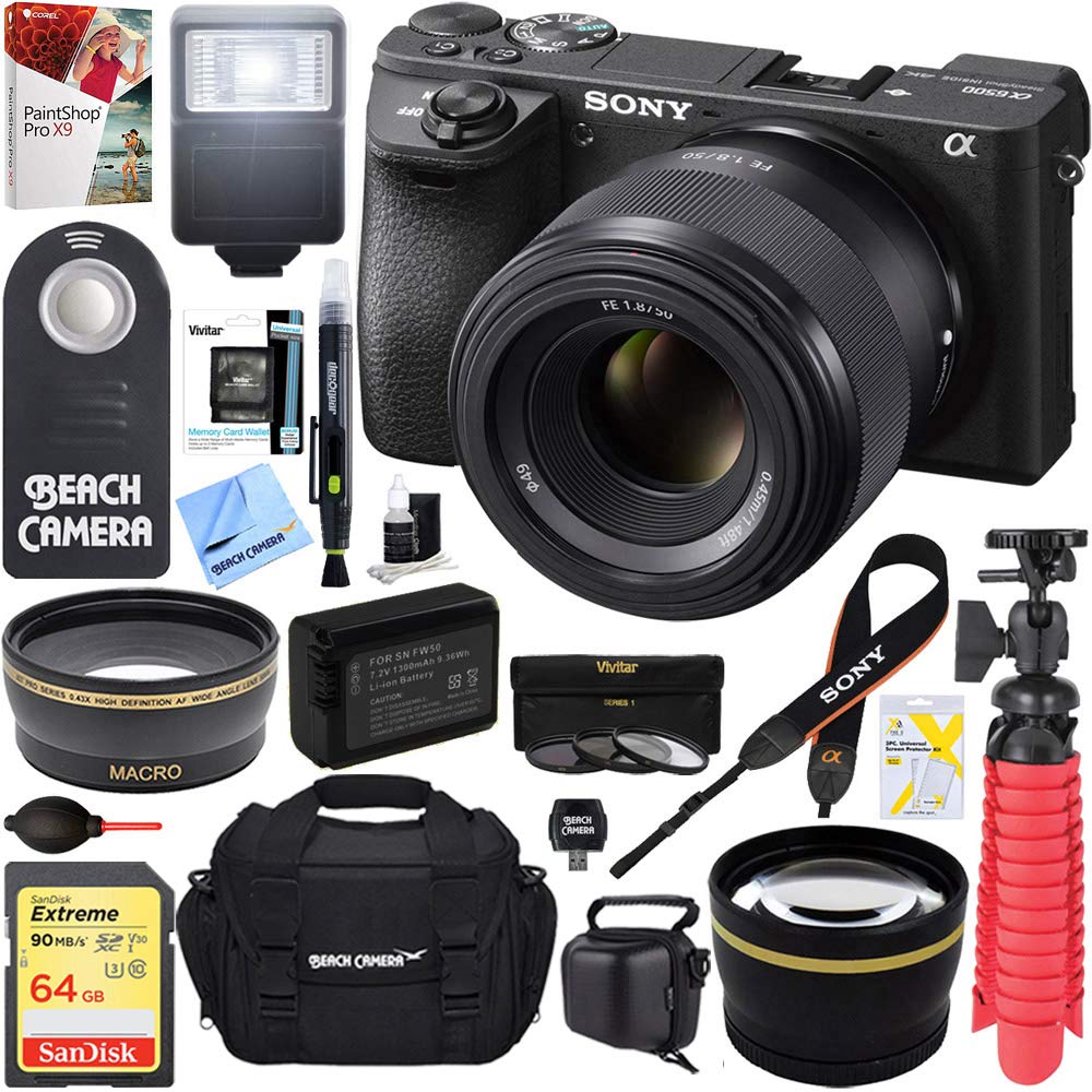 Sony ILCE-6500 a6500 4K Mirrorless Camera Body 50mm E-Mount Lens 64GB  Memory Card Large Gadget Camera Bag PaintShop Pro Slave Flash Remote