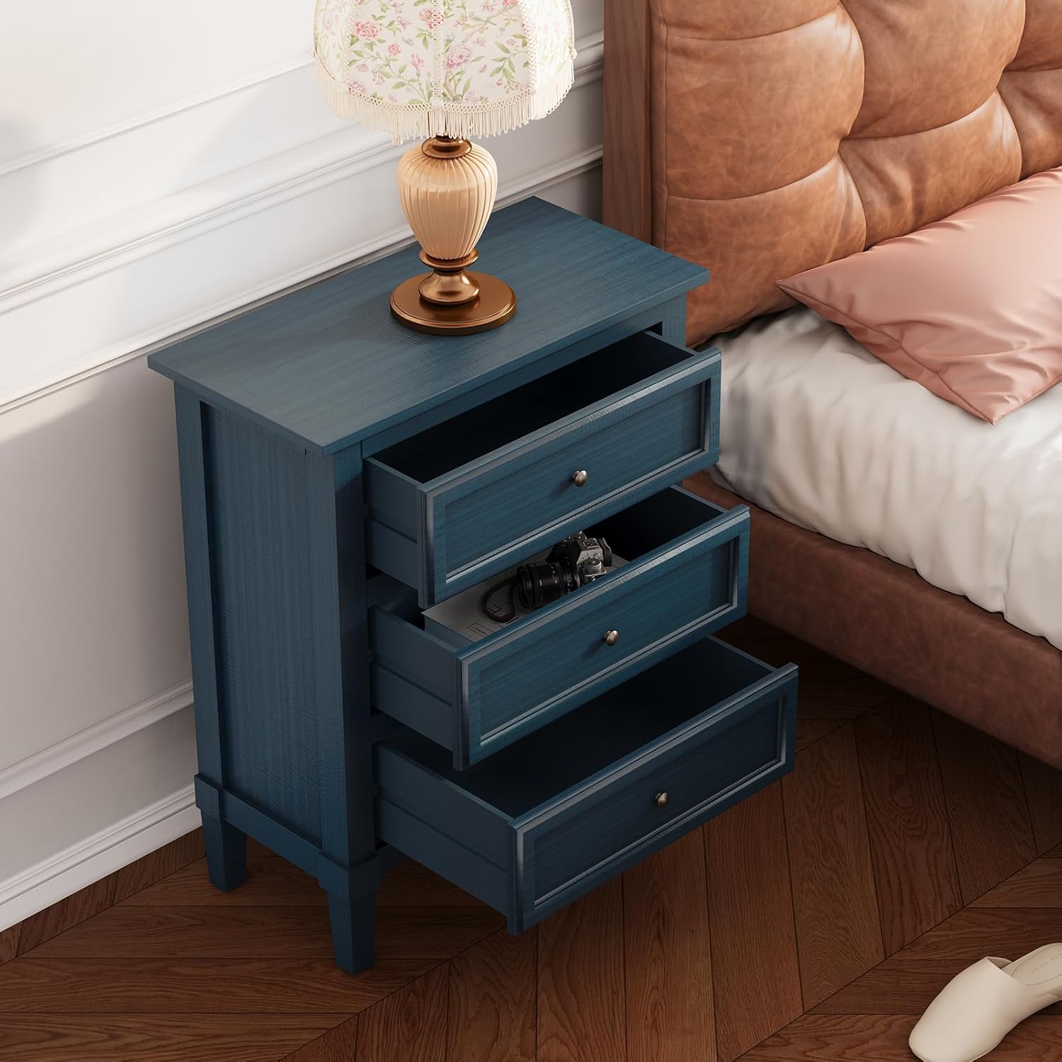 HLR Fully Assembled Wood Nightstand, Mid-Century Modern End Table with 3 Drawers Storage, Bed Side Table for Bedroom, Living Room, Blue