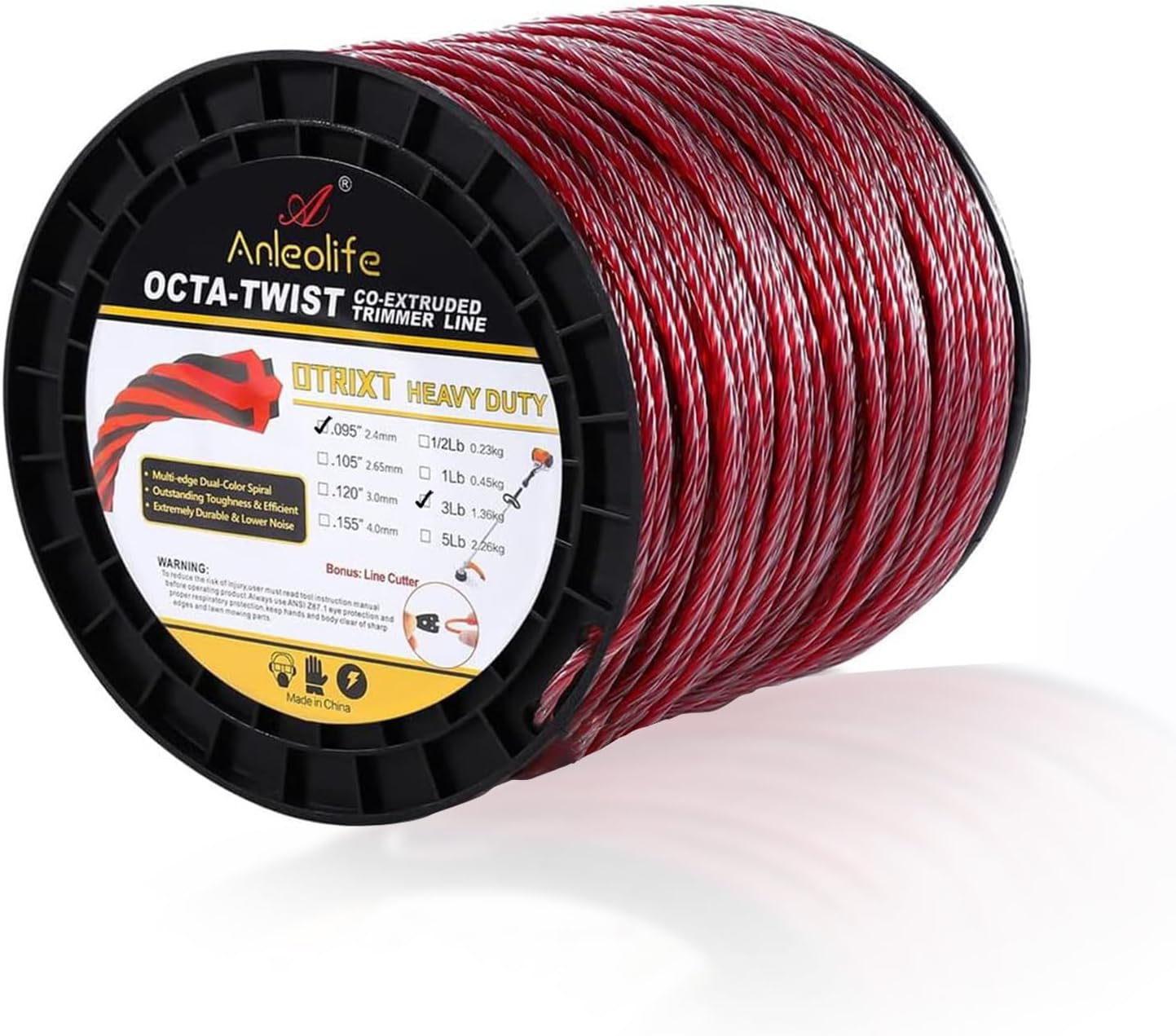A ANLEOLIFE 5-Pound Heavy Duty Octa-Twist .095-Inch-by-1536-ft Trimmer Line Spool,OTRIXT Co-Extruded Multi-Edge Spiral Weed Eater String, Red