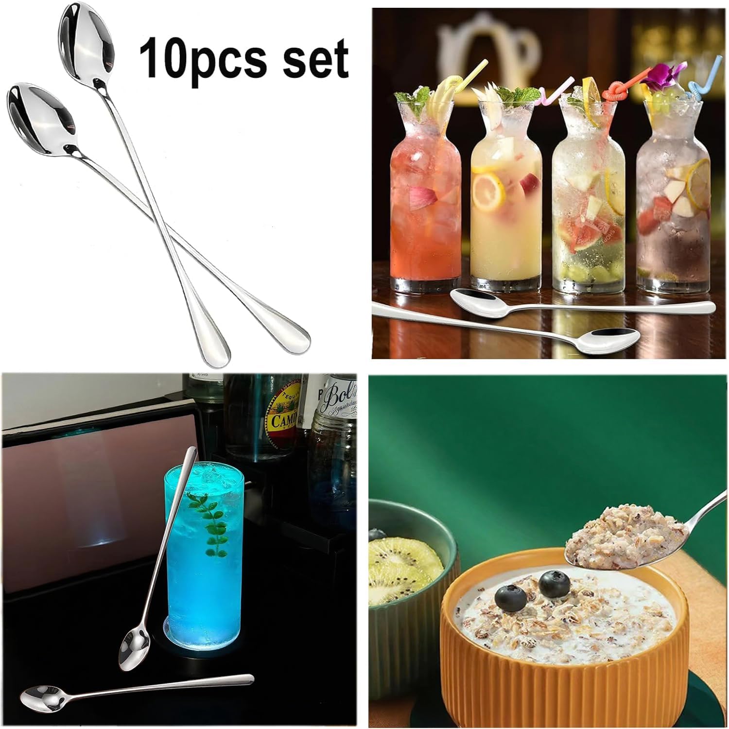 10pcs Long Handleice Tea Spoon,Long Cocktail mixing Stir Spoon,Stainless Steel Ice Tea Coffee Spoons,Stirring Spoons for Mixing,Iced Tea,Milkshake,Cold Drink,ice Cream Scoop Set of 10(7.7in) (Silver)