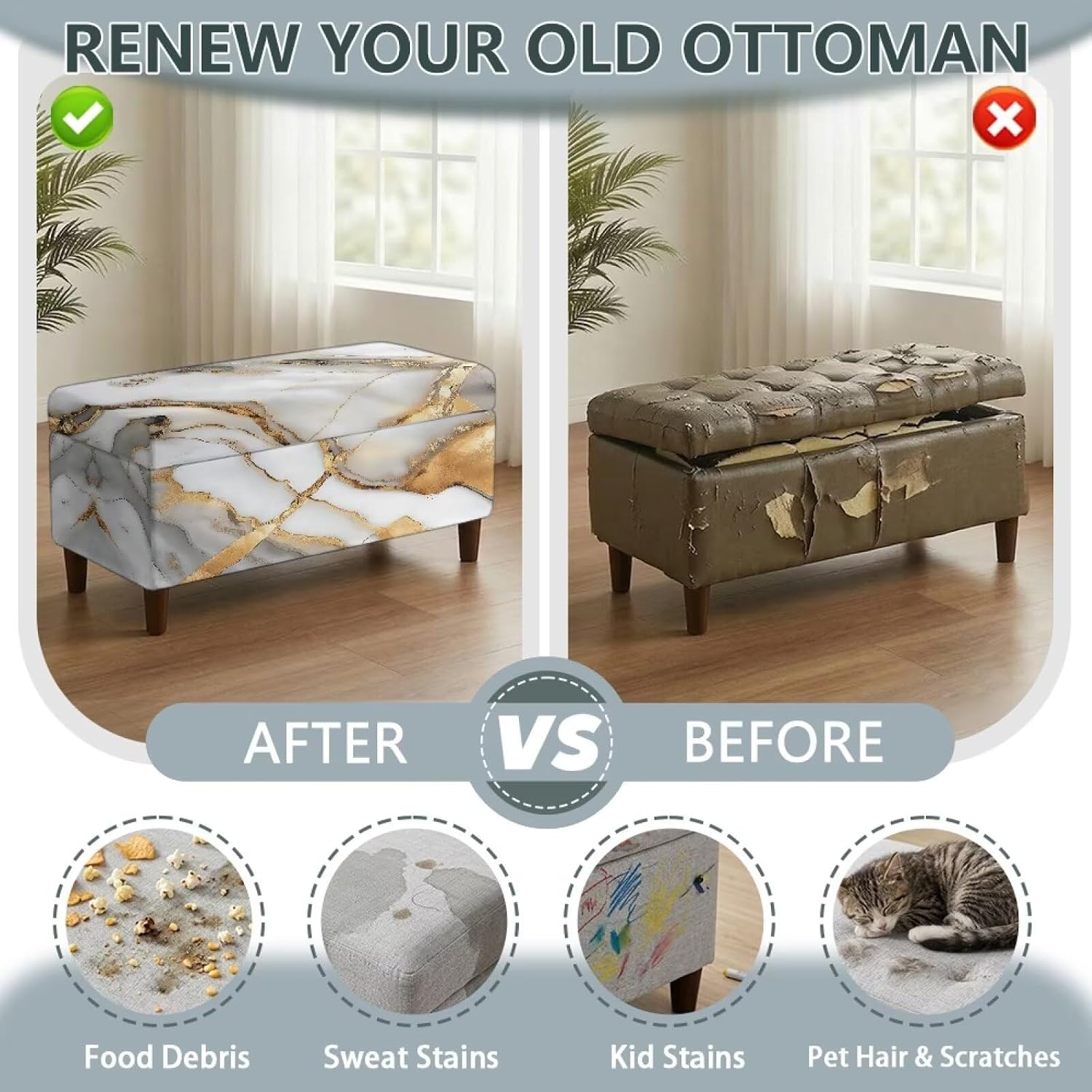 Stretch Ottoman Cover for Storage Ottoman, Golden Marble, Rectangle Bench Slipcover with Anti-Slip Elastic Band, Tear-Resistant Fabric, Removable Washable, Home Decor,Large