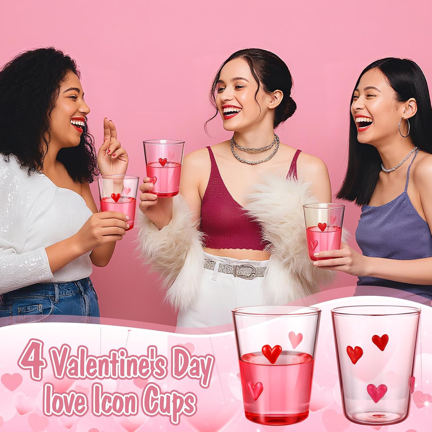 FoldTier 4pcs Heart Icon Juice Glasses 8.5 oz Red and Pink Heart Icon Wine Glasses Apprciation Gifts Bulk for Engagement Wedding Party Her Women Girlfriend Wife Present