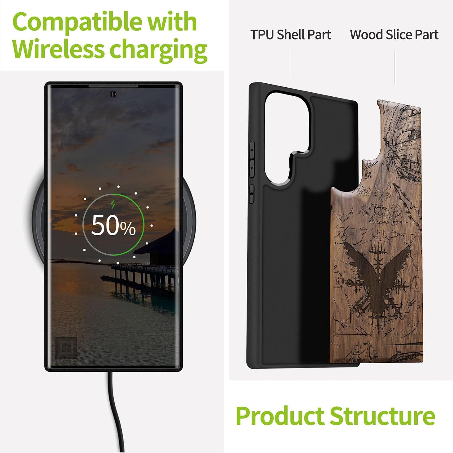 Carveit Wood Case for Galaxy S23 Ultra Case [Natural Wood & Black Soft TPU] Shockproof Protective Cover Unique Wooden Design Compatible with Samsung S23 Ultra (Vegvisir-Walnut)