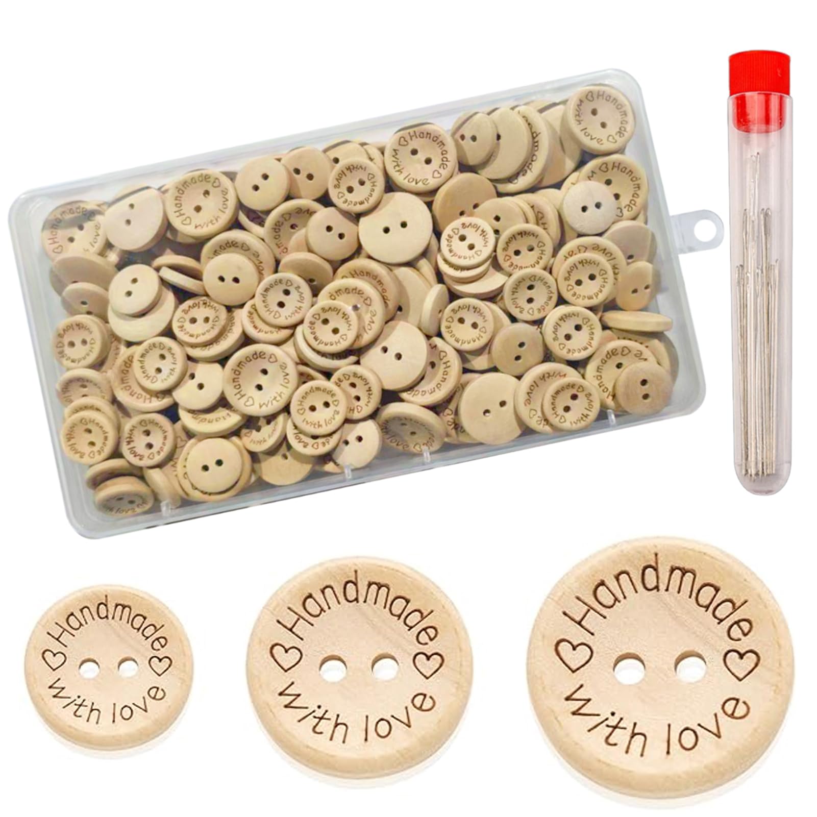150 Wooden Buttons and 18 Sewing Needles Set, Natural Wooden Button, Natural Handmade Craft Buttons for DIY Sewing Decoration, 15/20/25 mm