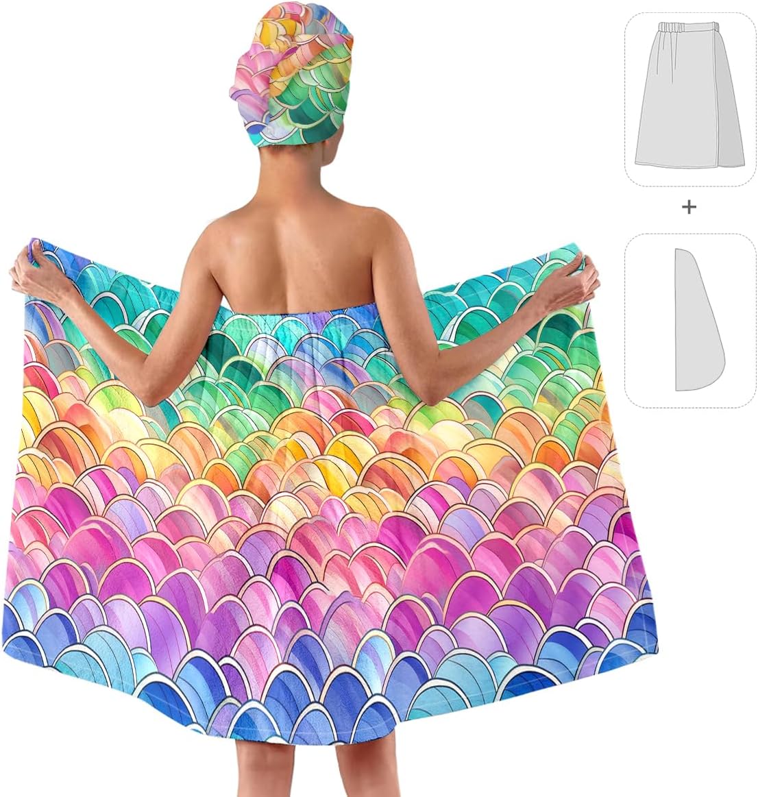 Bath Towel Wrap Set with Hair Turban, Rainbow Mermaid Scale Pattern, Ultrafine Fiber, 31.5x59 inches, Chest 39.4-59 inches
