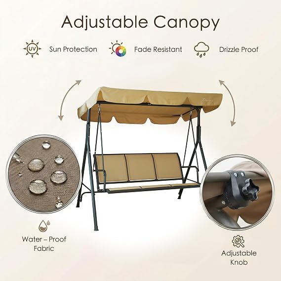 Kozyard 3-Person Outdoor Canopy Porch Swing Chair, Adjustable Canopy Shade | Breathable Textilene Seat & Armrests, Heavy-Duty Powder-Coated Steel Frame for Patio, Backyard, Poolside & Balcony, Beige