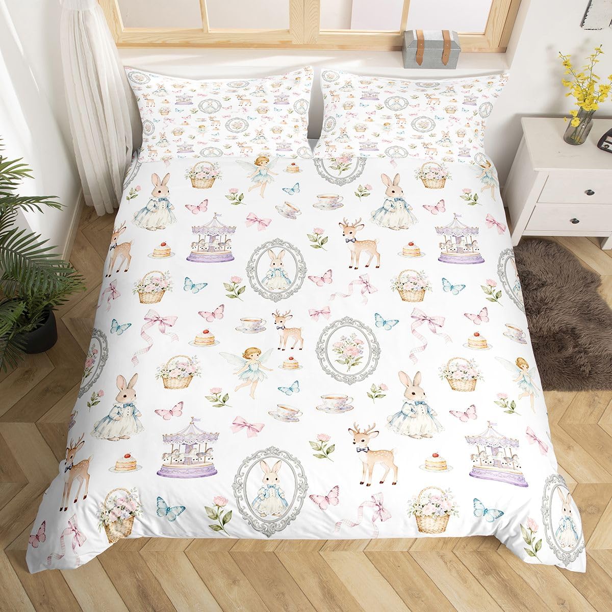 Fairy Tale Duvet Cover Set Twin Size,Rabbit Fairy Deer Bedding Sets 2Pcs for Kids Girls Boys Adult Room Decor,Carrousel Butterfly Comforter Cover Sweet Bowknot Quilt Cover,1 Pillowcase