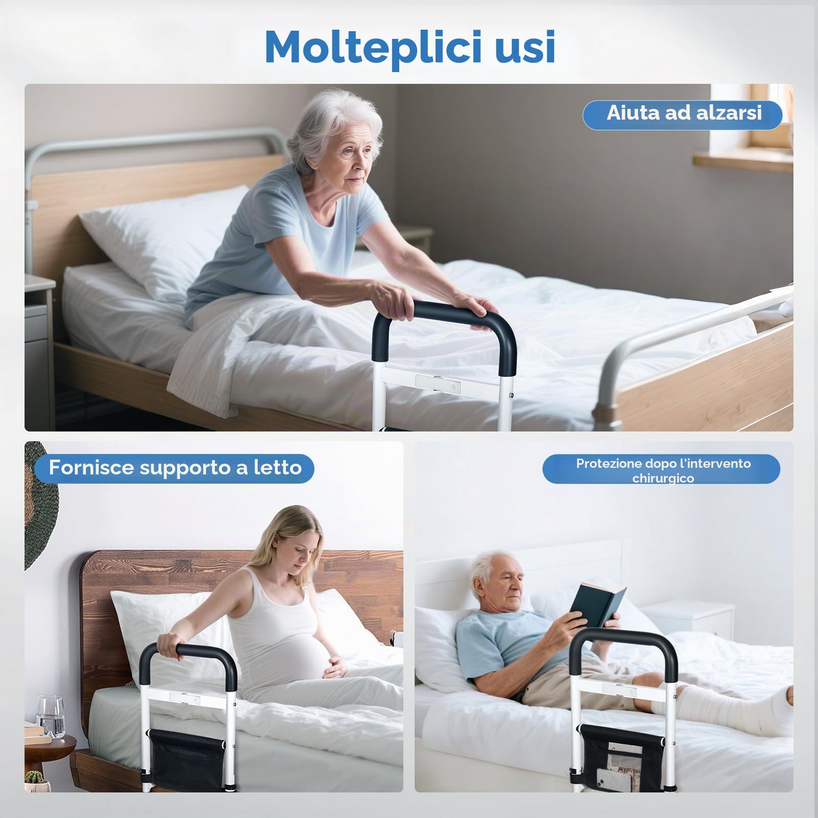 Griglia da letto per adulti anziani con lampada, manico antiscivolo regolabile, telaio in acciaio stabile, facile da installare, custodia per riporre – sicurezza e supporto per anziani