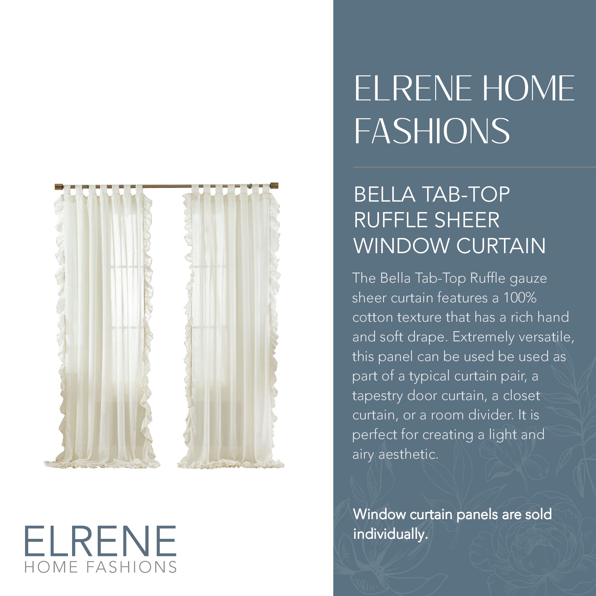 Elrene Tab-Top Ruffle Sheer Window Curtain Living, Dining Room, Bedroom, Cotton, Ivory, 52 in x 84 in (1 Panel) - Image 2