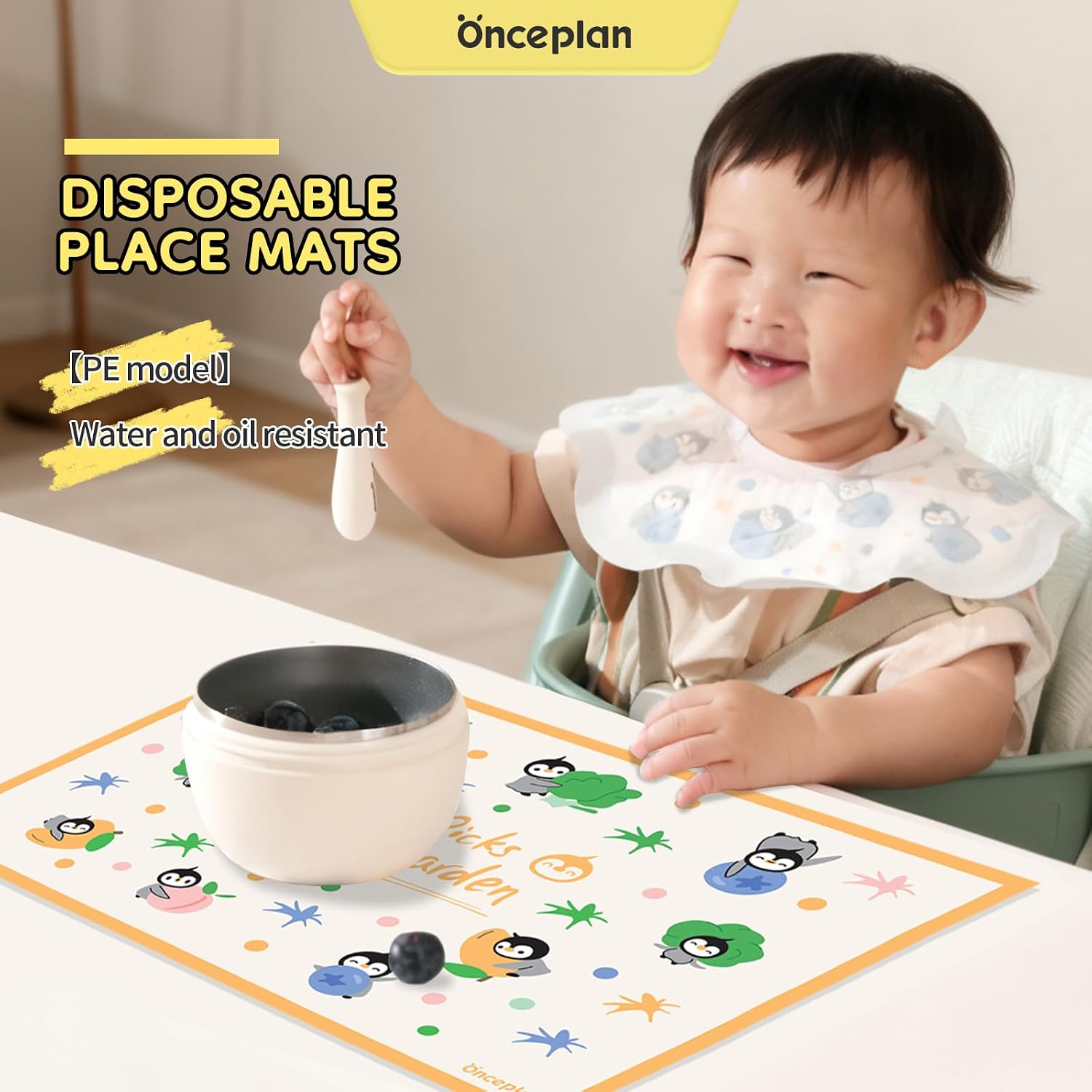 Disposable Stick-On Placemats for Baby and Toddler, 12" x 18" Waterproof and Oil-Resistant PE Table Mats, 24 Pack, for Home, Restaurant, and Travel