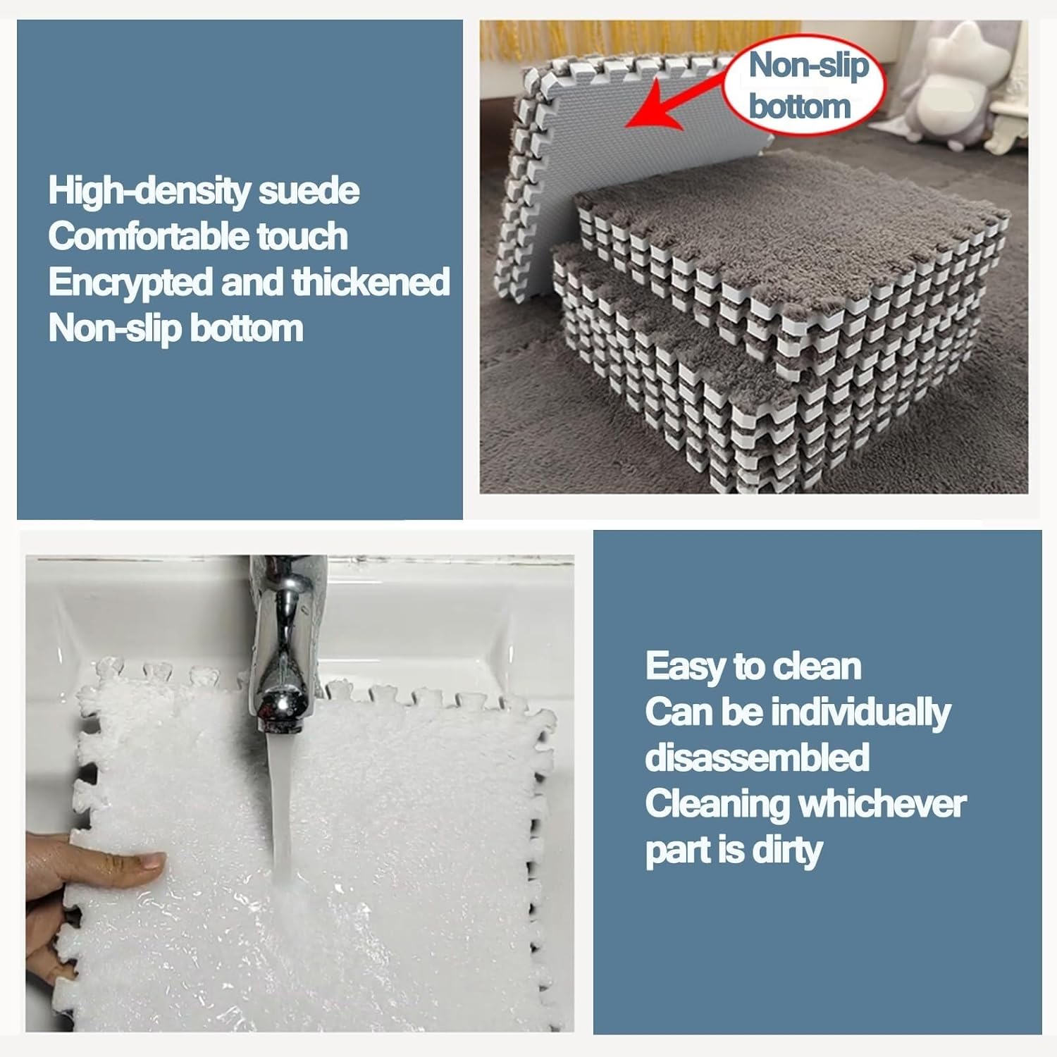 30pcs Shaggy Interlocking Carpet Tiles with Border Fluffy 12x12x0.4 Thick Eva Play Mat Home Decor(Rose Red+Gray)