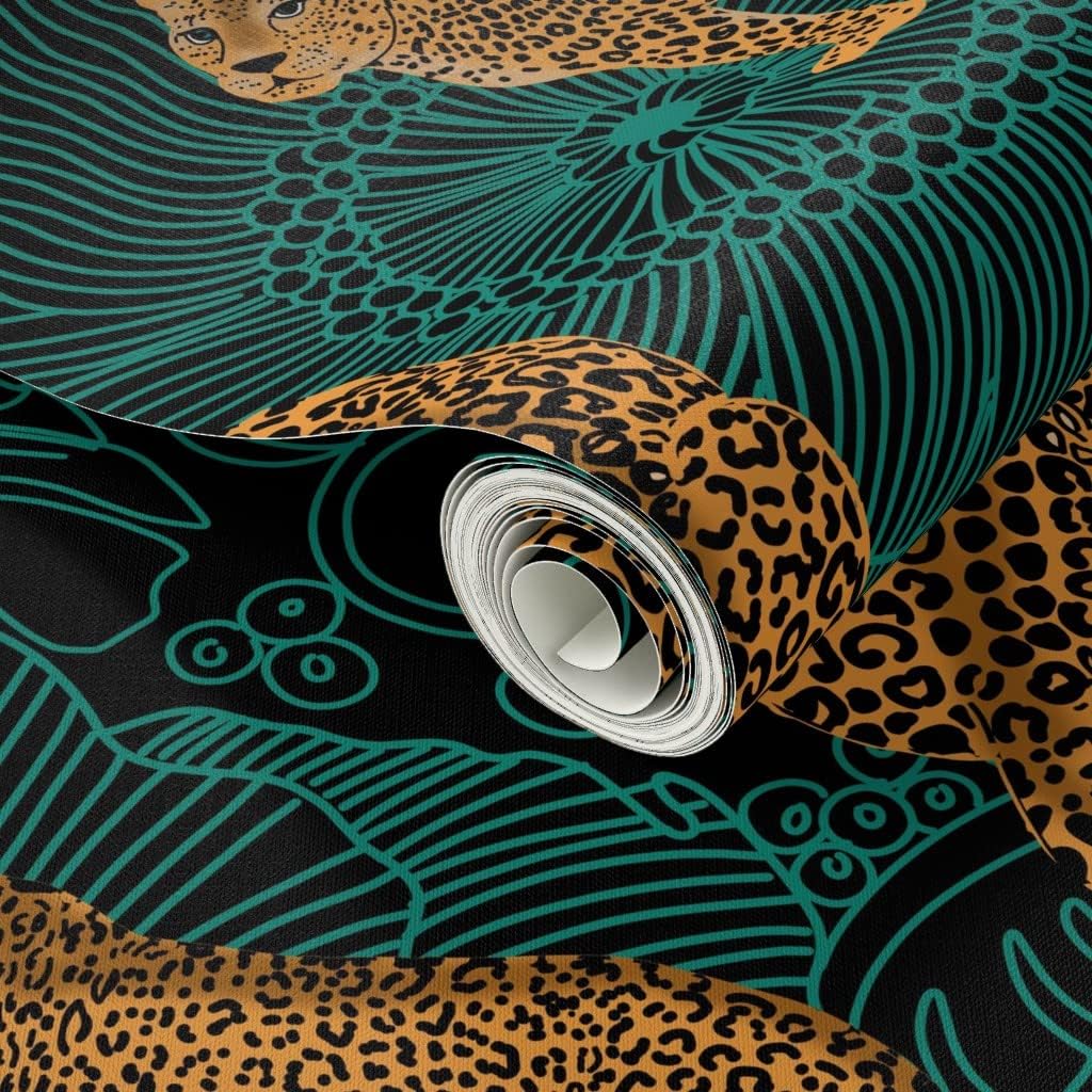Spoonflower Peel & Stick Wallpaper Swatch - Leopard Exotic Jungle Black Green Animal Africa Cheetah Tiger Custom Removable Wallpaper