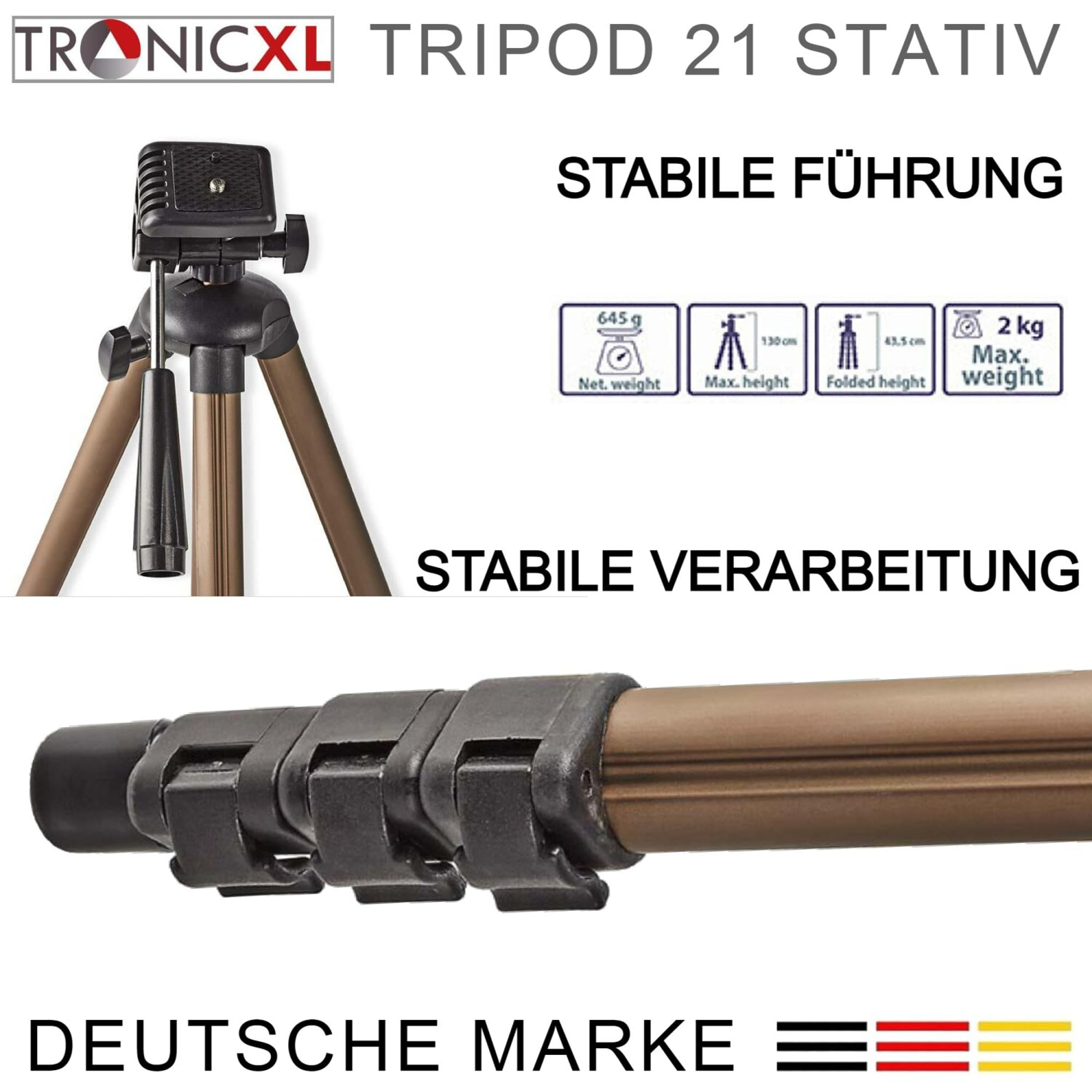 TronicXL Trépied 1,30 m pour niveau laser ligne croix laser Bosch Dewalt Makita Flex Leica Stanley Meterk Tacklife Huepar Firecore Skil 1/4" 3/8"