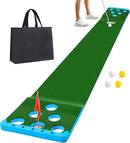 Miniatura 11 de Juego de Putting de Golf con Borde Frontal para Interiores y Exteriores, Alfombra de Putting de Golf Incluye 4 Pelotas, 1 Bolsa Portátil, 2 Banderas