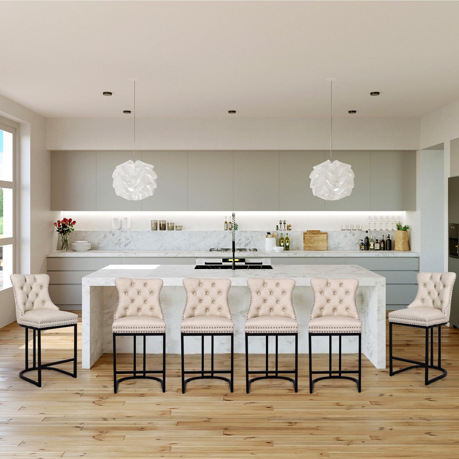 UVV Counter Height Bar Stools Set of 6, 26" Modern Barstools with Back, Faux Leather Upholstery Counter Chairs with Metal Legs for Kitchen Island, Bar