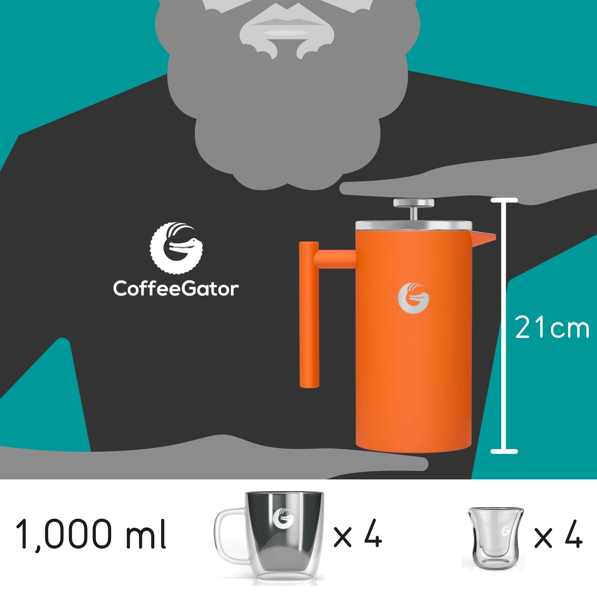 Coffee Gator CAFETERA DE EMBOLO de primera calidad. Prensa francesa de doble pared, 8 tazas de capacidad, ideal para conseguir un intenso café. Incluye mini recipiente de café