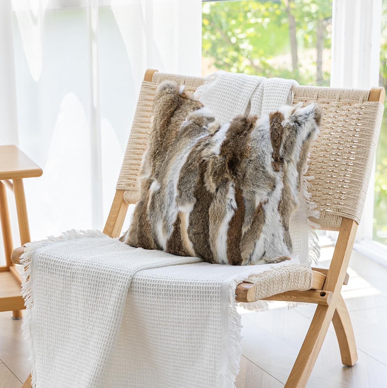 MOOX Rabbit Fur Throw Pillow Covers Decorative Fluffy Soft Fuzzy Plush Luxury Genuine Animal Skin Lumbar Pillow 18"x18" Cushion Cover, Couch-Yellow White - Image 2