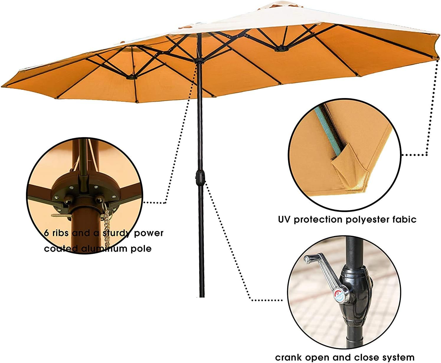 LOKATSE HOME 15 Ft Double Sided Outdoor Umbrella Rectangular Large with Crank for Patio Shade Outside Deck or Pool, Khaki